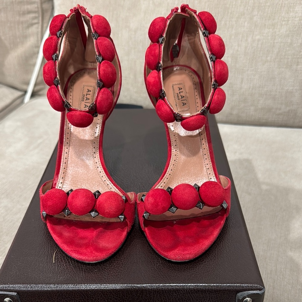 Alaia Red Stiletto Heels with Decorative Studs